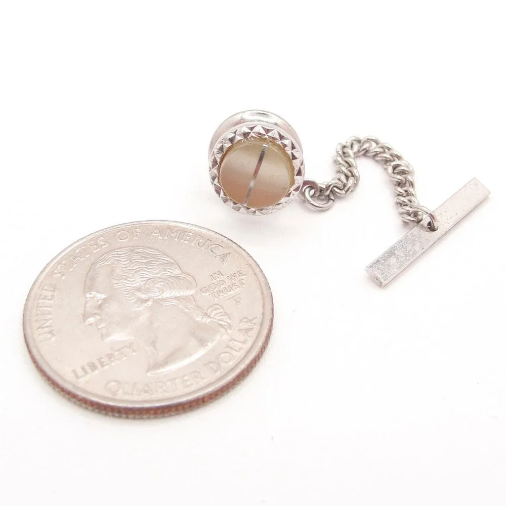 Vintage Silver Tone Faux Cat Eye Moonglow Lucite Tie Tack Pin With Bar Chain